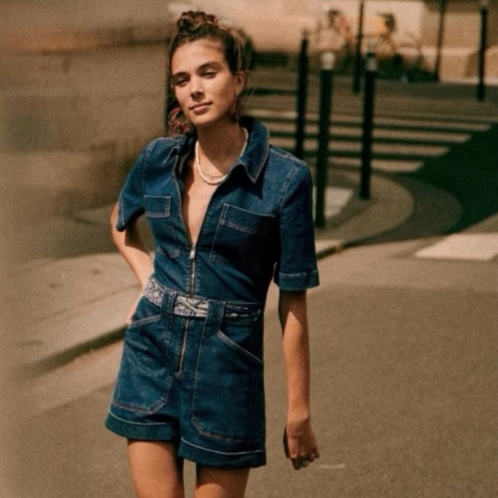 Sezane Luther Denim Short Sleeve Romper